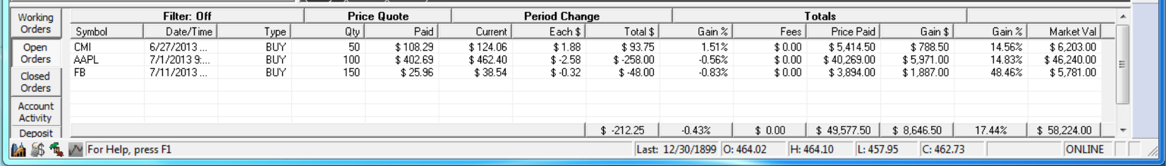 Track 'n Trade Stocks Accounting Window