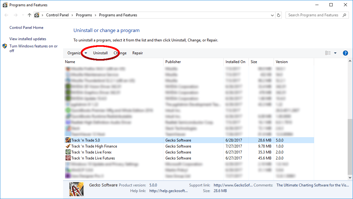Uninstalling Track 'n Trade